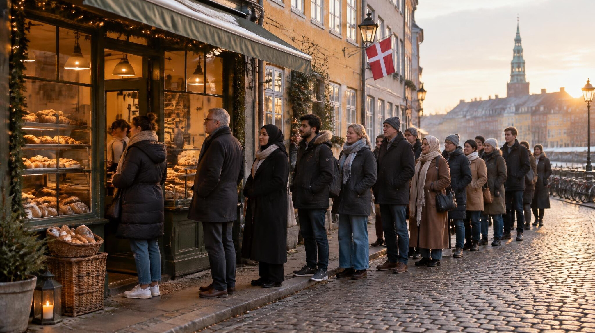 People standing in line outside a bakery in Copenhagen on a cold morning