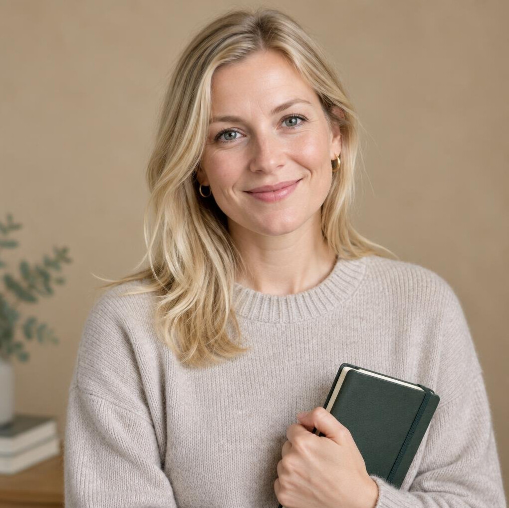 Studio portrait of a Danish woman in her thirties smiling warmly
